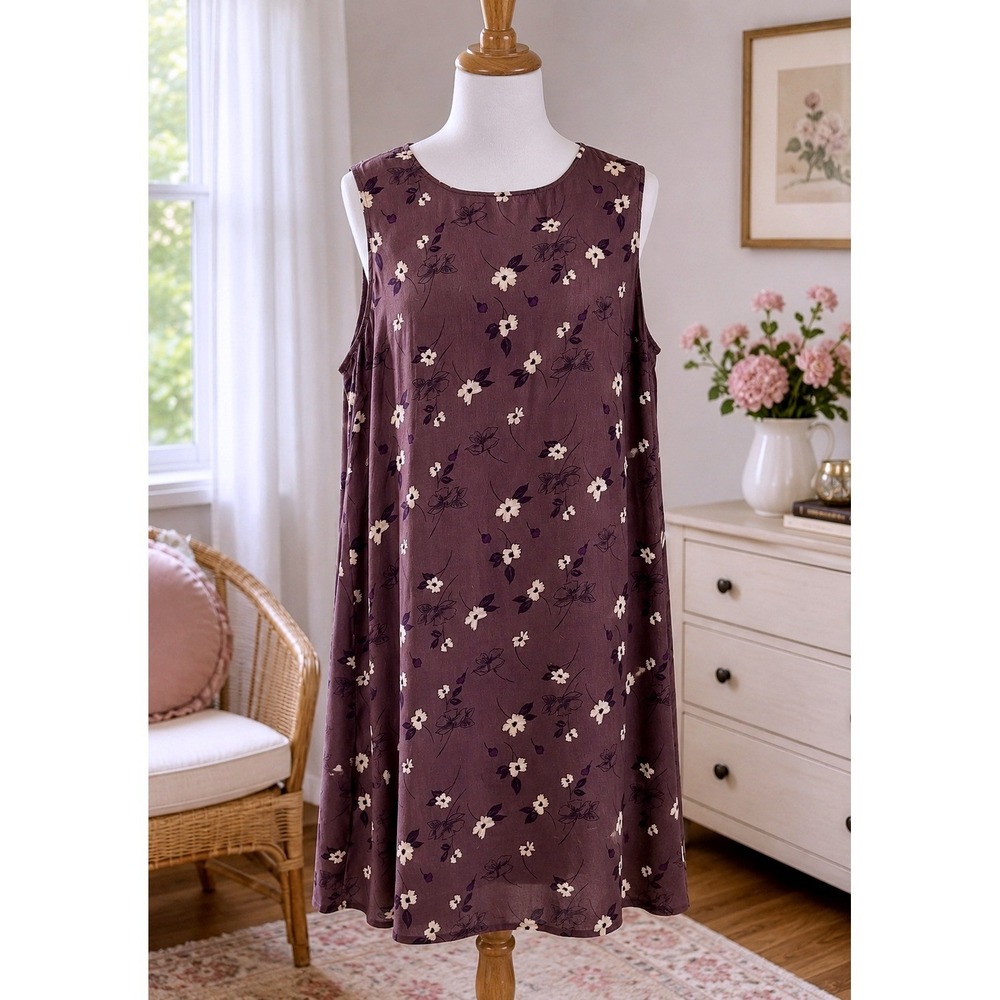 Vtg Studio Ease Plum Floral Rayon Sleeveless Midi Shift Dress Plus Size 22W